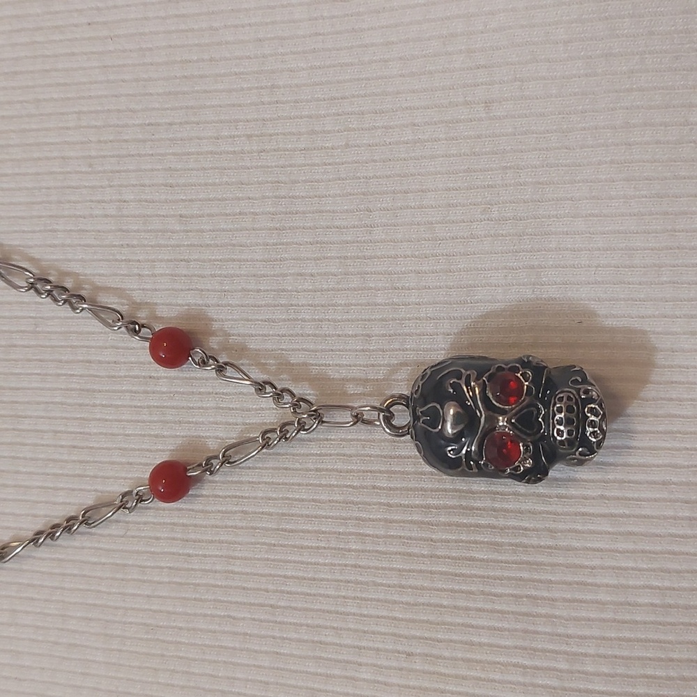 Sourpuss Goth Gothic Black Enameled Skull Pendant Silver Tone Station Necklace